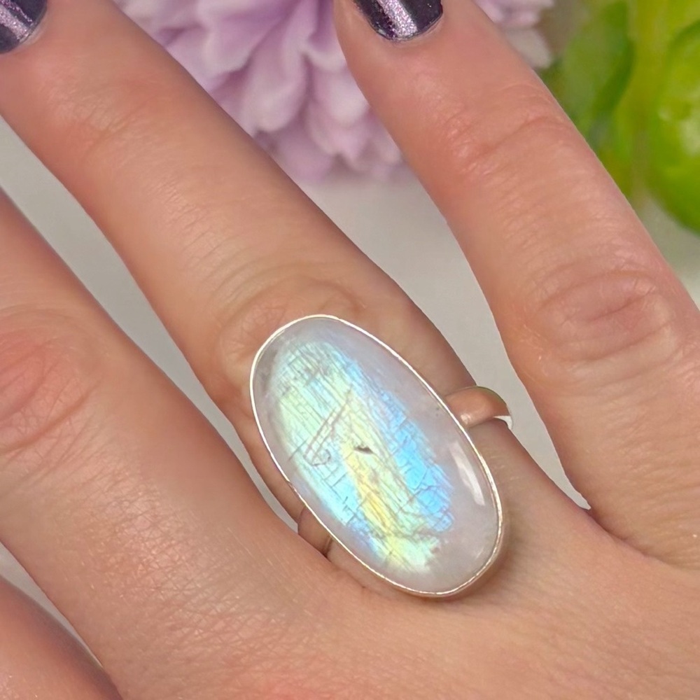 Pure Sterling Silver 925 Rainbow Moonstone Ring Size 8 1/2 8.5 Boho Southwest